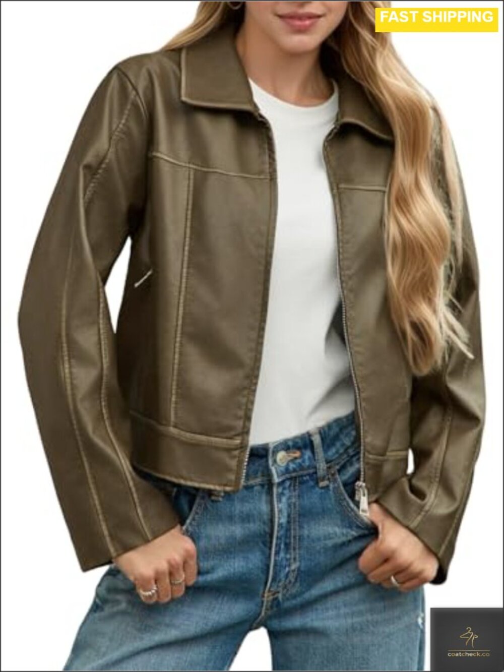 Faux Leather Moto Jacket Zip Up Cropped Collared Casual Biker Coat